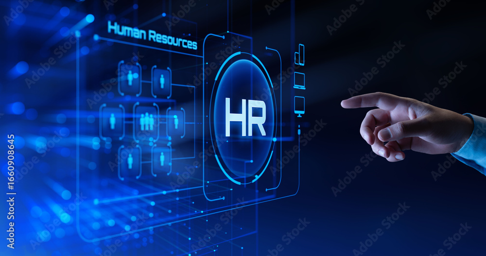 Aufkleber hand interacts with futuristic digital interface displaying human resources management system.