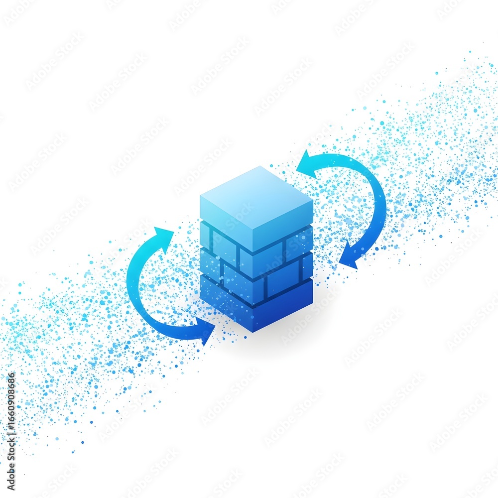 Aufkleber data stack with arrows showing information flow on white background