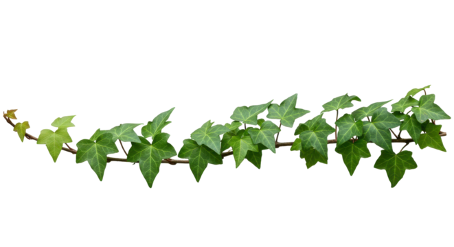 Green ivy vine draping over rustic wooden surface attractively displayed isolated on white background