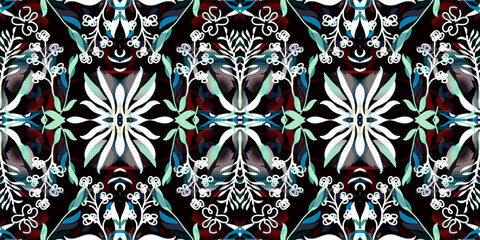 Floral Pattern on Dark Background. Elegant Botanical Repeat Design. wall decorative seamless pattern. Colorful Abstract Floral Textile Pattern. Abstract Floral Artwork with Vivid Hues
