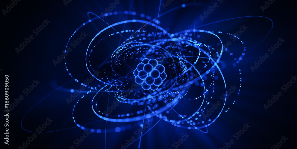 Aufkleber abstract glowing atomic structure with orbiting particles against a dark background, representing sc