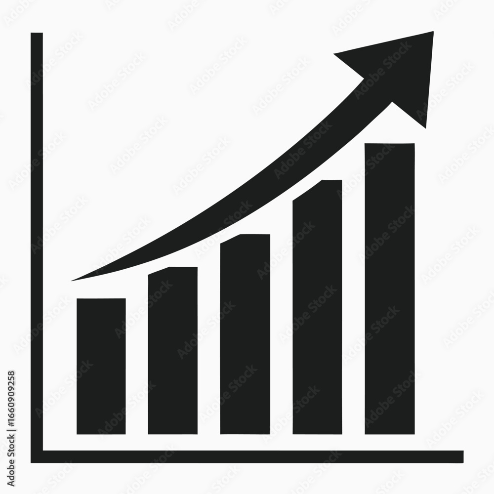 Poster black bar graph with upward trending arrow on white background chart data