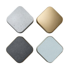 Four square textured tiles in gold, gray, white, and blue isolated on transparent background