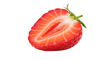 Freshly sliced strawberry showcasing vibrant red flesh isolated on white background green leaves