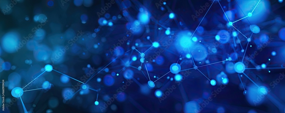 Poster investigating abstract blue digital networks connectivity in virtual spaces and graphic design envir