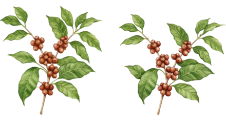 Detailed illustration of coffee plant branches with ripe berries and green leaves isolated on white background