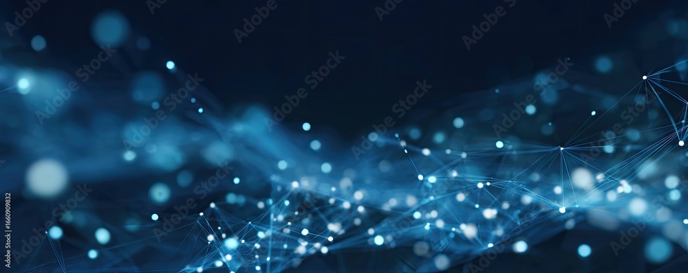 Poster exploring futuristic blue digital networks in a virtual space abstract art environment
