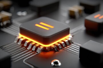 Close-up of a glowing orange button on a circuit board