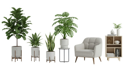 Fototapeta premium Modern interior design featuring potted plants and stylish furniture in a cozy setting