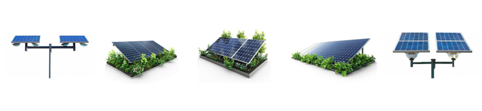 A solar panel array with green plants and a transparent background