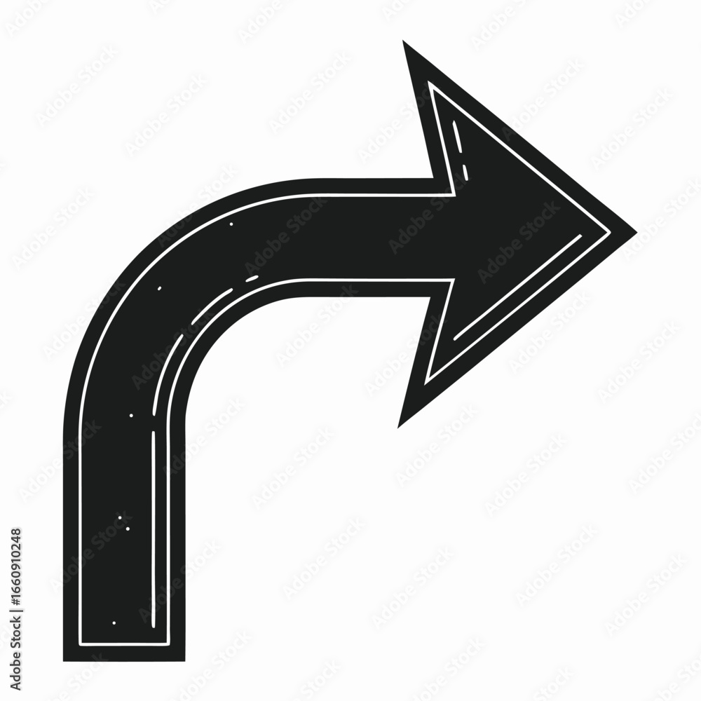 Poster black curved arrow pointing to the right with white outline and dashed line detail direction