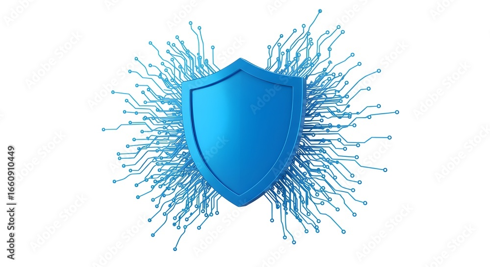 Poster blue shield with circuit board pattern on white background
