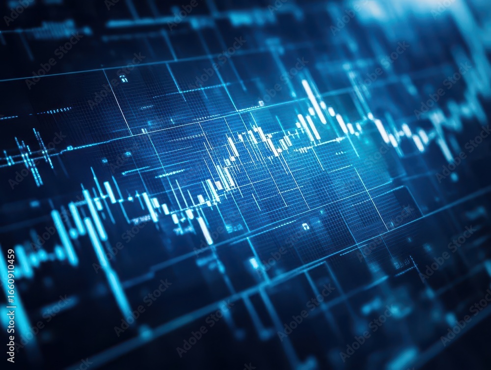 Aufkleber Advanced digital financial graph data analysis with fluctuating line chart, stock market trend visualization and trading insights on a futuristic technology background