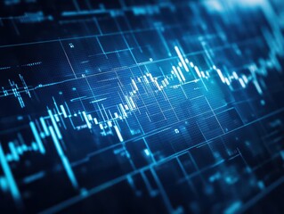 Advanced digital financial graph data analysis with fluctuating line chart, stock market trend visualization and trading insights on a futuristic technology background
