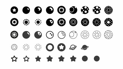 Illustration of various celestial bodies including stars moons suns and planets in a grid pattern design silhouette
