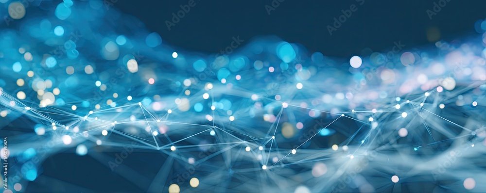 Aufkleber dynamic perspective of illuminated virtual space digital network visualization with blue glow