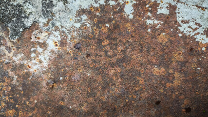 Dark rust buildup on an old corroded sheet metal surface. Rough iron texture background with signs...