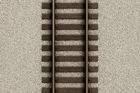 A high-angle depiction of railway tracks showcases the wooden sleepers and stony ballast bed.