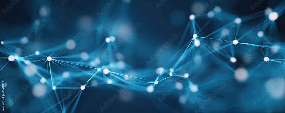Poster graphic design for digital networks exploring abstract blue backgrounds in virtual online environmen