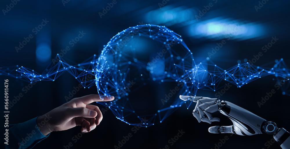 Poster human and robot hands reaching towards a glowing digital globe, symbolizing ai connection and future