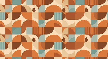 Seamless Geometric Pattern with Retro Mid-century Modern Shapes and Warm Earthy Tones