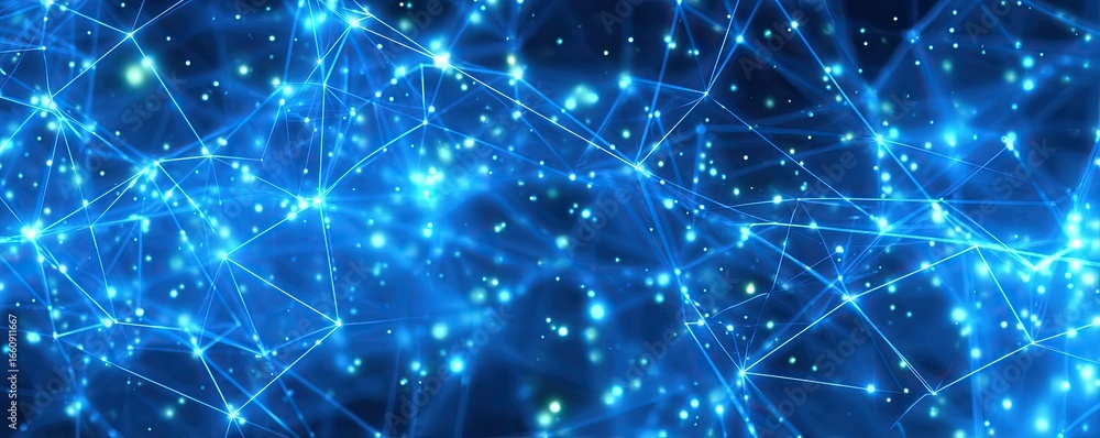 Poster exploring aesthetic views of abstract blue digital network connectivity in virtual space art