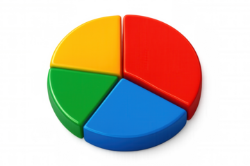 Colorful 3d pie chart visualizing percentage breakdown, displaying data segments with clear performance metrics on transparent backdrop