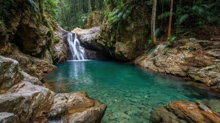 Fototapeta premium Waterfall and Pool in Rocky Tropical Landscape