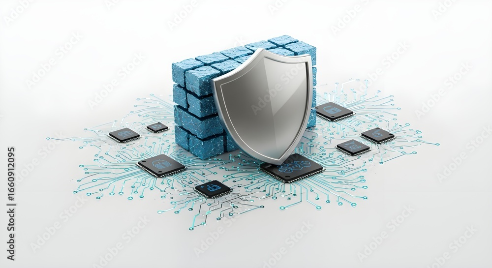 Poster firewall with silver shield and computer chips