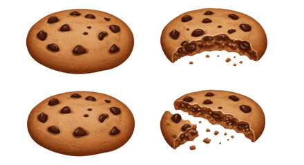 Four chocolate chip cookies displayed from different angles isolated on white background showcasing texture and layers