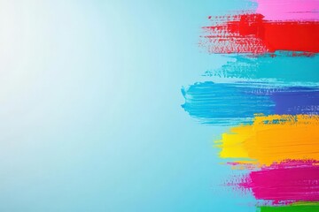 Bright colorful abstract brushstrokes in vibrant yellow pink blue red on a light blue background for creative art design and artistic concept
