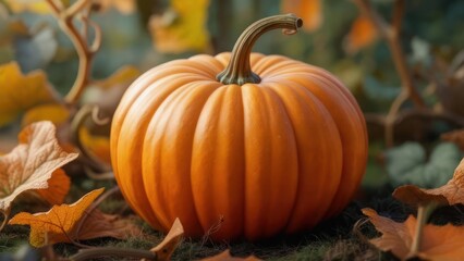Autumnal Still Life: Vibrant Orange Pumpkin Amidst Fallen Leaves