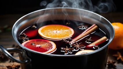 Steaming Pot of Rich Mulled Wine with Blood Orange, Cinnamon, and Star Anise.