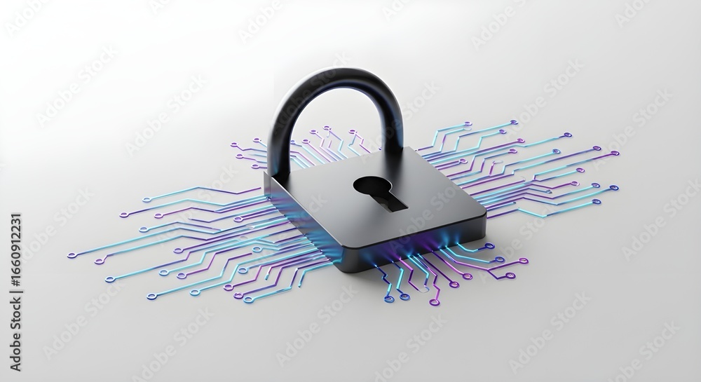 Poster padlock with computer chip lines on white background