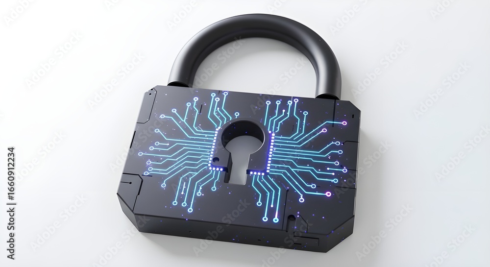 Poster padlock with circuit board design for cyber security on white background