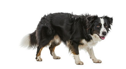 Obraz premium Playful black and white dog isolated on white background standing exuding joy and energy