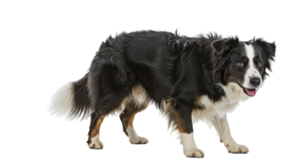 Playful black and white dog isolated on white background standing exuding joy and energy