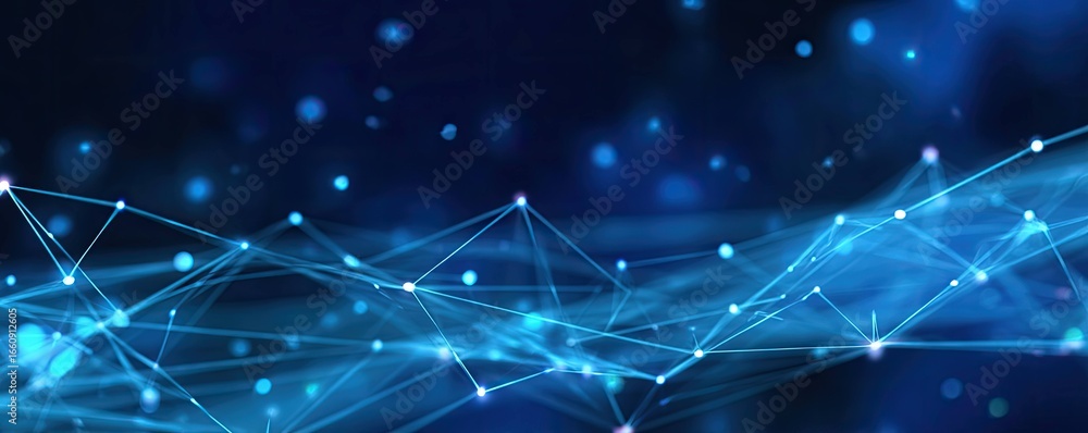 Poster exploring abstract blue digital network art in futuristic graphic design and virtual spaces