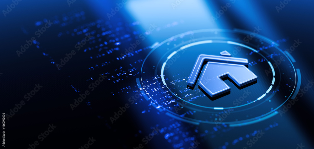 Aufkleber digital home icon glowing on a futuristic dark background with abstract data streams.