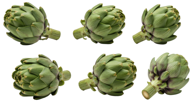 Fresh artichokes isolated on white background arranged in a visually appealing manner