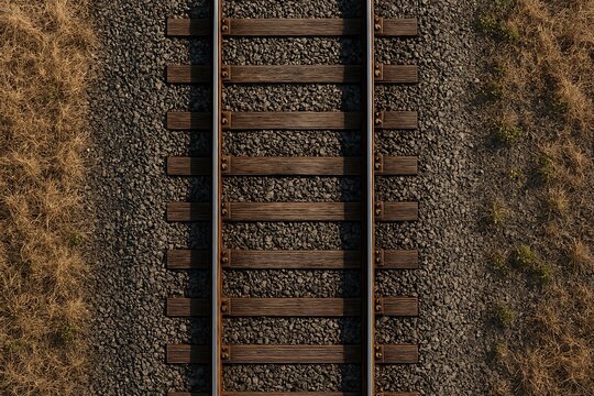 Overhead view features railway tracks with wooden sleepers laid on ballast, seen at late afternoon.