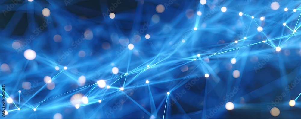 Poster close-up view of blue glowing digital network connections in a virtual high-tech abstract environmen
