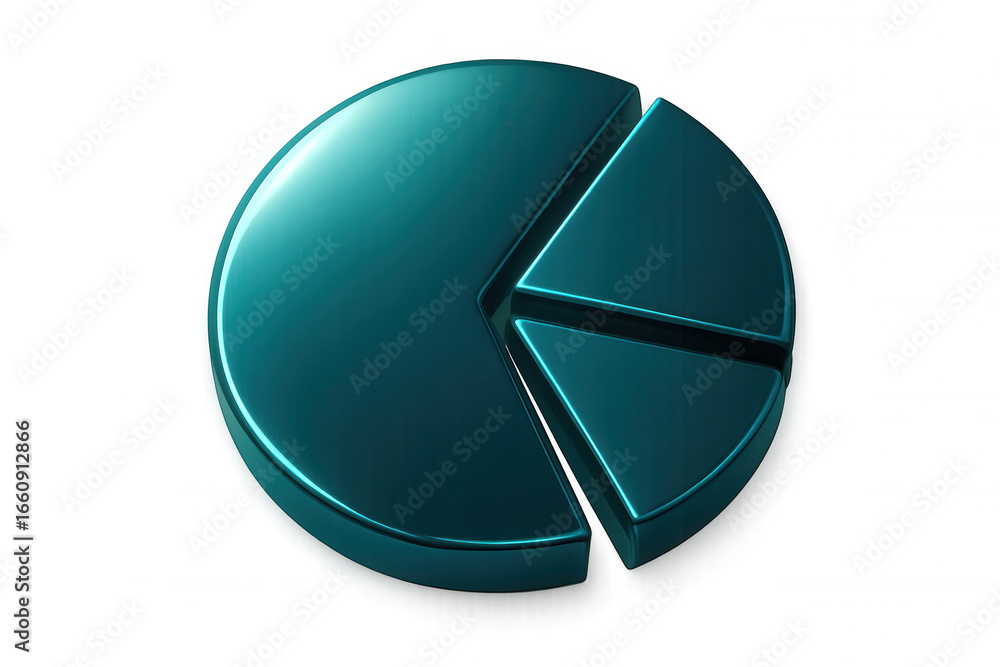 Poster teal pie chart rendering visualizing data analysis, segmenting market percentages on transparent bac
