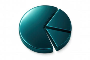 Teal pie chart rendering visualizing data analysis, segmenting market percentages on transparent backdrop