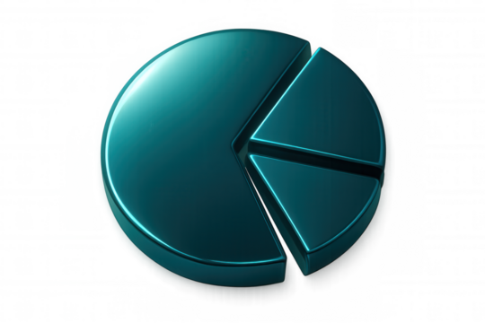 Teal pie chart rendering visualizing data analysis, segmenting market percentages on transparent backdrop