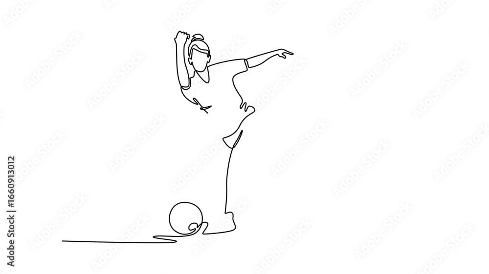 Poster animated self drawing of continuous line draw professional female bowler in follow-through pose. sym