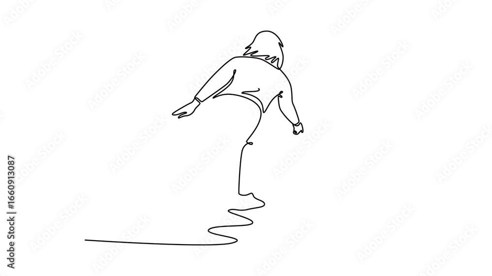 Poster animated self drawing of continuous line draw fit woman is captured from behind releasing a bowling 