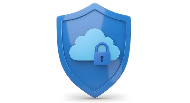 Blue shield with cloud and padlock on white background