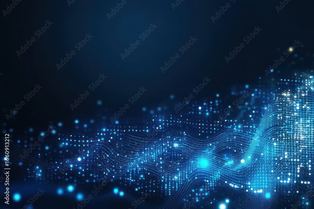 Poster abstract digital wave pattern composed of glowing blue particles and lines flowing across a dark bac