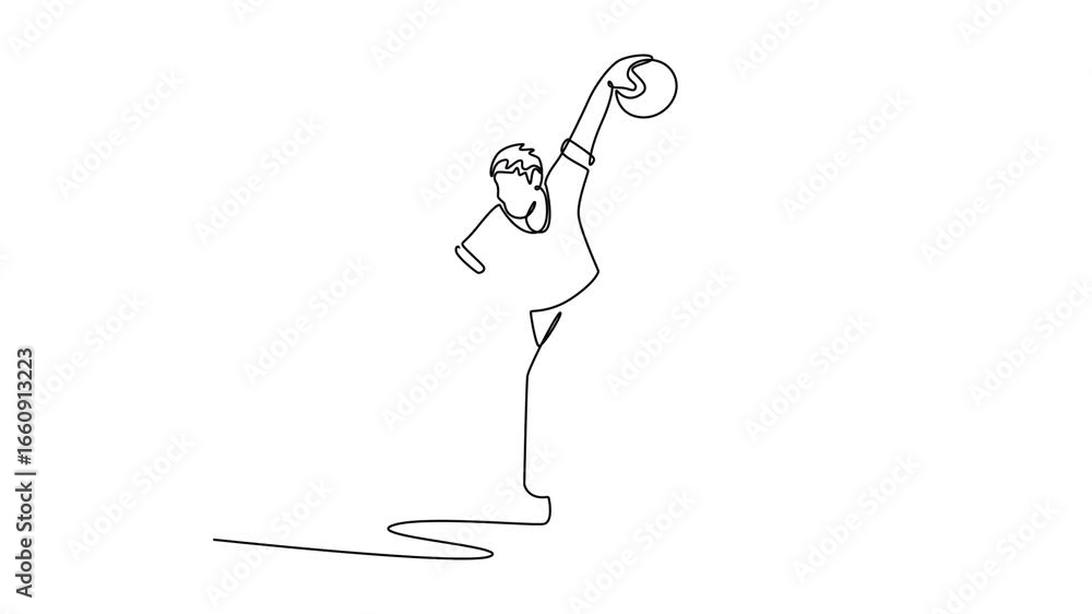 Poster self drawing animation of single line draw attractive male bowler swinging his arm back to release t